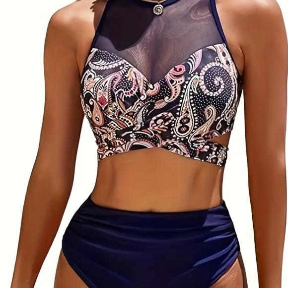 🔵 29) Navy halter  Paisley mesh Bikini Set, high waisted NEW size medium - Picture 5 of 5